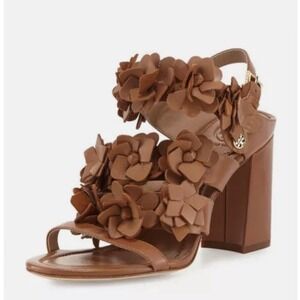 Tory Burch Women's Brown 65 mm Nappa Leather Blossom Heel Block Sandal 7.5M 350$